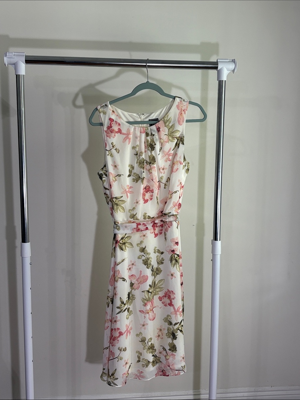 Floral Sleeveless White Midi Dress with Pink & Green Bloom